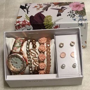 Lovely Simone Chic collection of jewelry - watch, bracelets & earrings in box